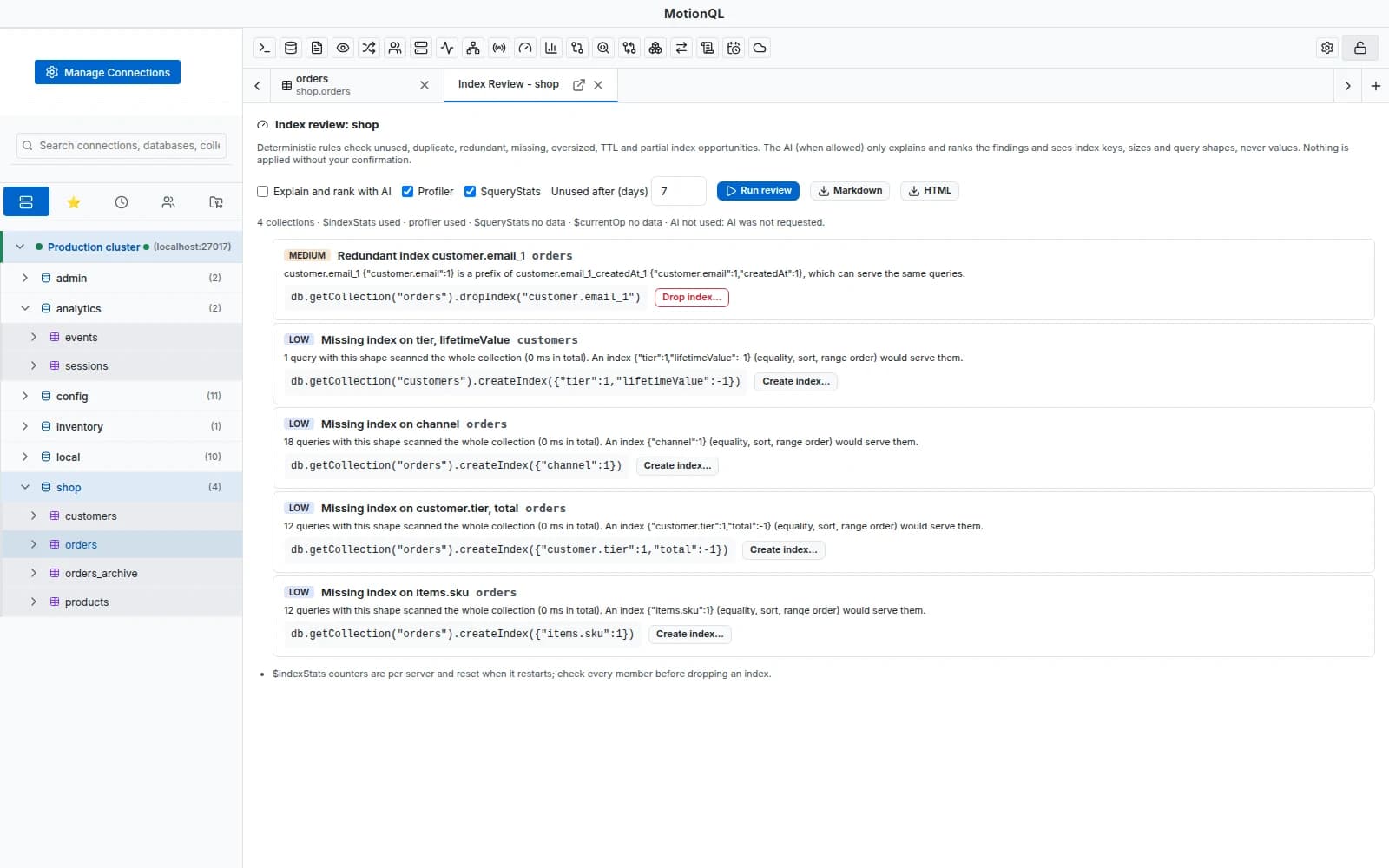 MotionQL Index Review with findings for a collection's indexes