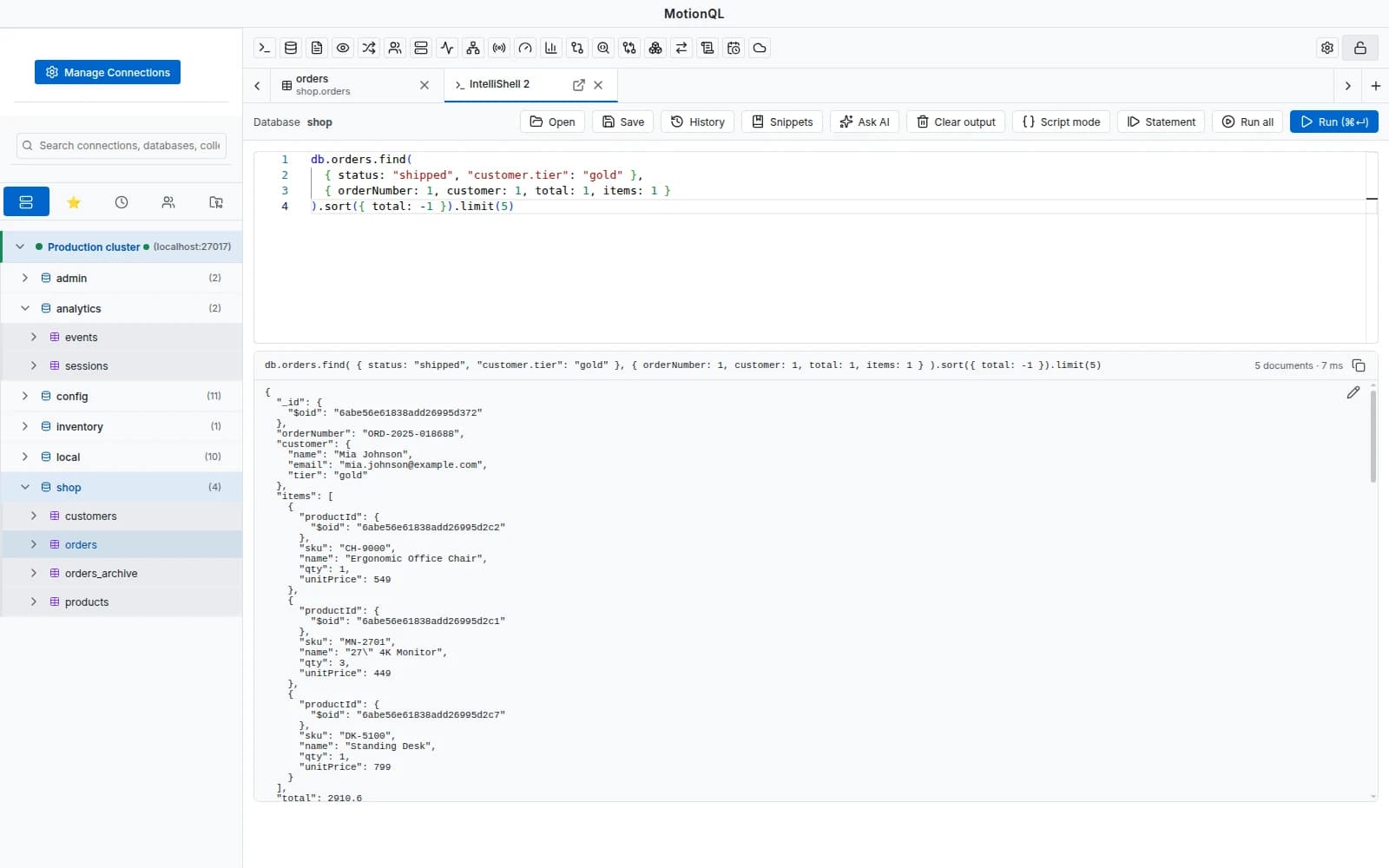 MotionQL IntelliShell with a find command, autocomplete and results